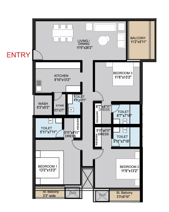Silver Leaves 3 BHK Condominum without servant room floor plan