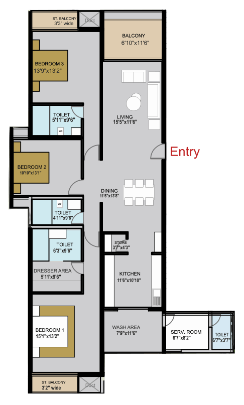 Silver Leaves 3 BHK Condominum with servant room floor plan