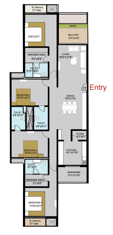 Silver Leaves 4 BHK Condominums without servant room floor plan